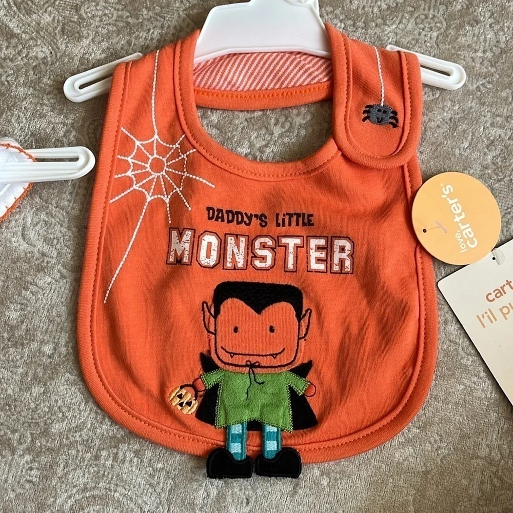 Brand New Set of 2 Cloth Baby Bibs Orange Halloween Thanksgiving Turkey Pumpkin